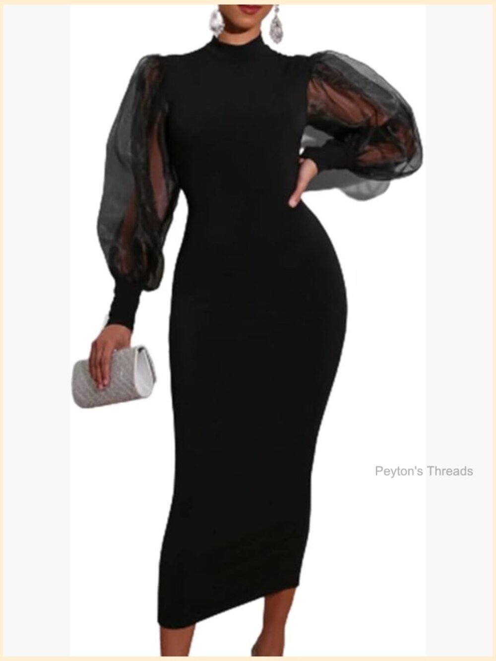 Puff Sleeve Long Sleeve Mock Neck Split Hem Bodycon Midi Dress
